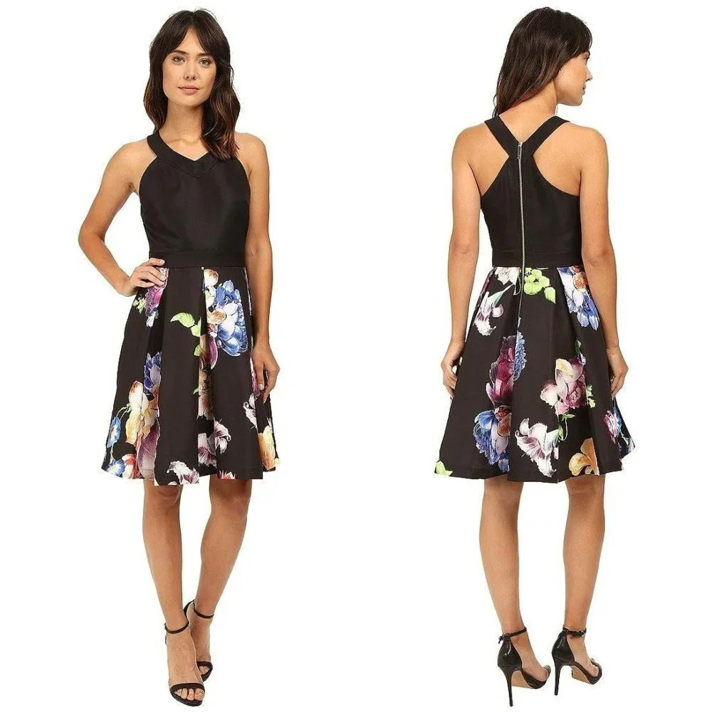 Ted Baker London Black Floral Illusia Pleated Dress $349